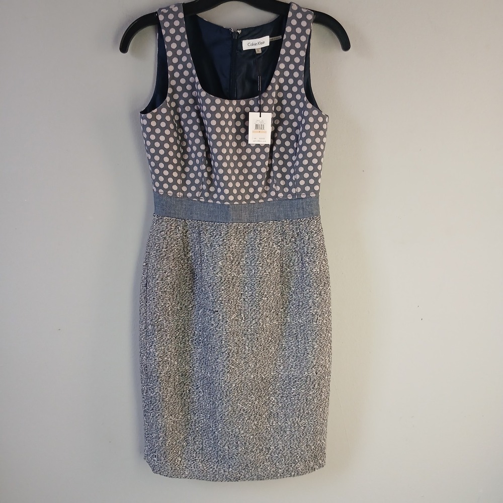 Calvin Klein Gray Polka Dot Sleeveless Tweed Mini Dress